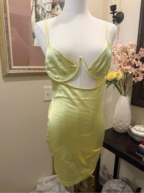 Neon Yellow Satin Slip Dress with Cutouts